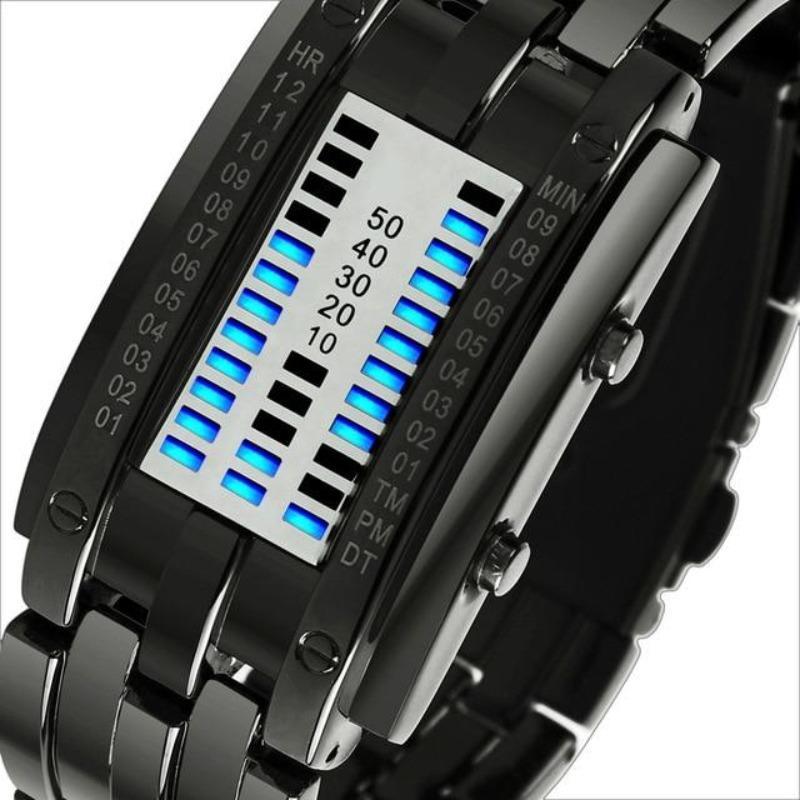 Unisex sports watch with black stainless steel strap, LED display for outdoor activities, waterproof and shock-resistant.