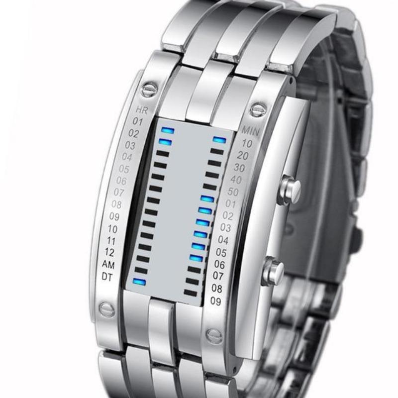 Stylish stainless steel sport watch with LED display, features a sleek design and waterproof functionality, perfect for outdoor activities.