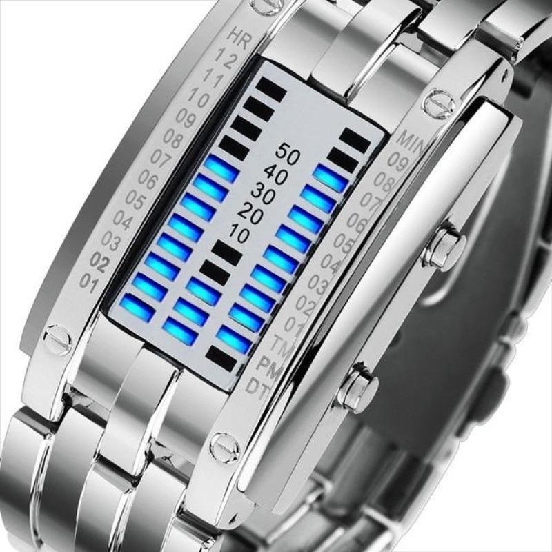 Stainless steel sports watch with LED display, blue indicators, and a sleek design, perfect for outdoor activities.