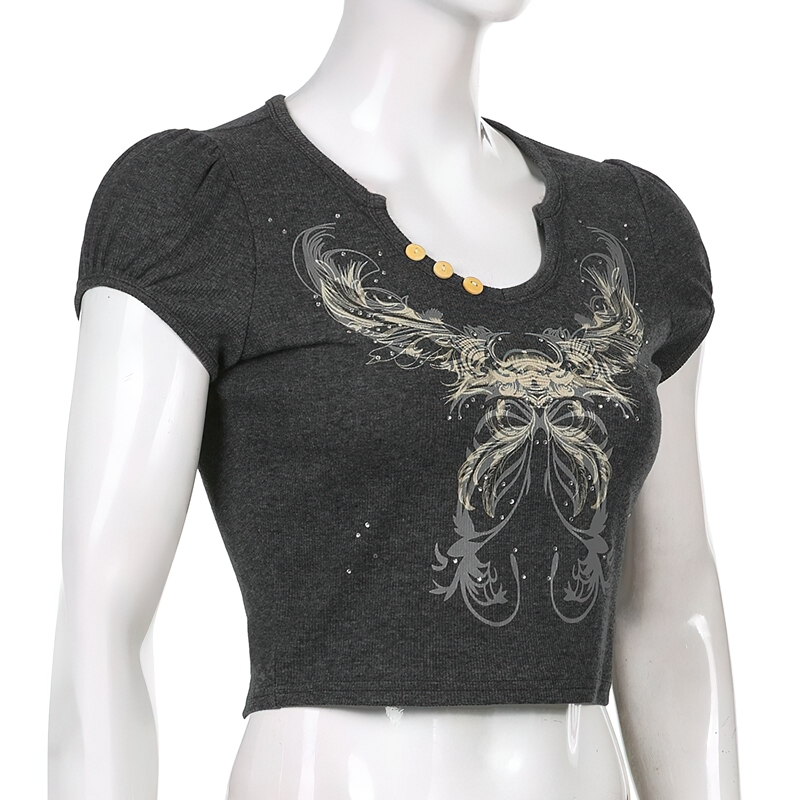 Alternative Fashion Gothic Crop Top Of Graphic Print For Women / Female Aesthetic Clothing - HARD'N'HEAVY