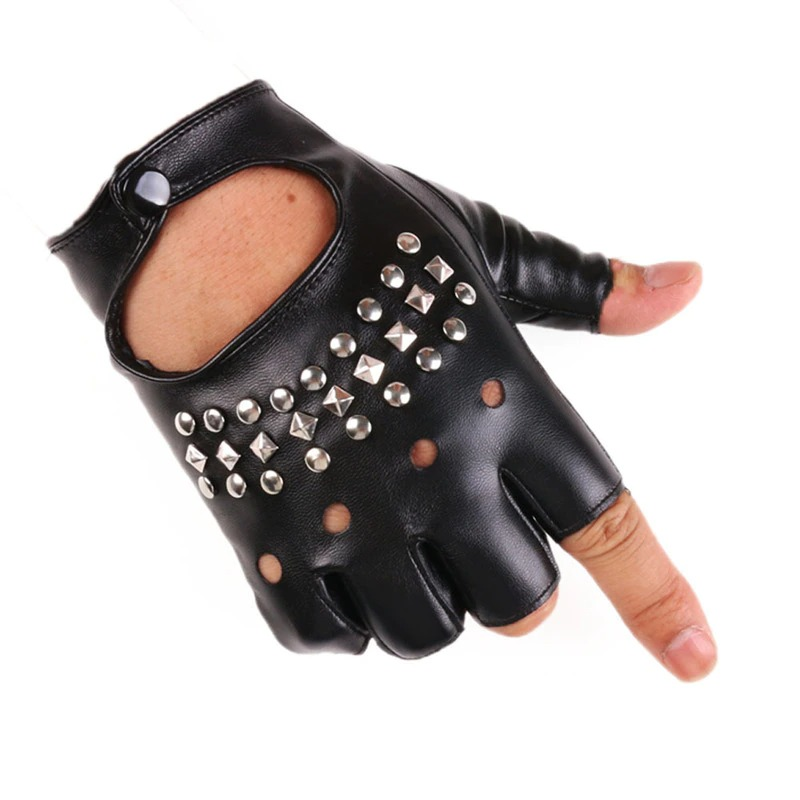 Black half-finger punk gloves with rivets, perfect for festivals and parties, showcasing a stylish alternative fashion look.
