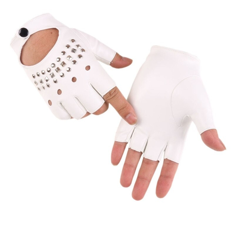 Half finger punk gloves for women in white PU leather with rivets, stylish and breathable for parties and festivals.
