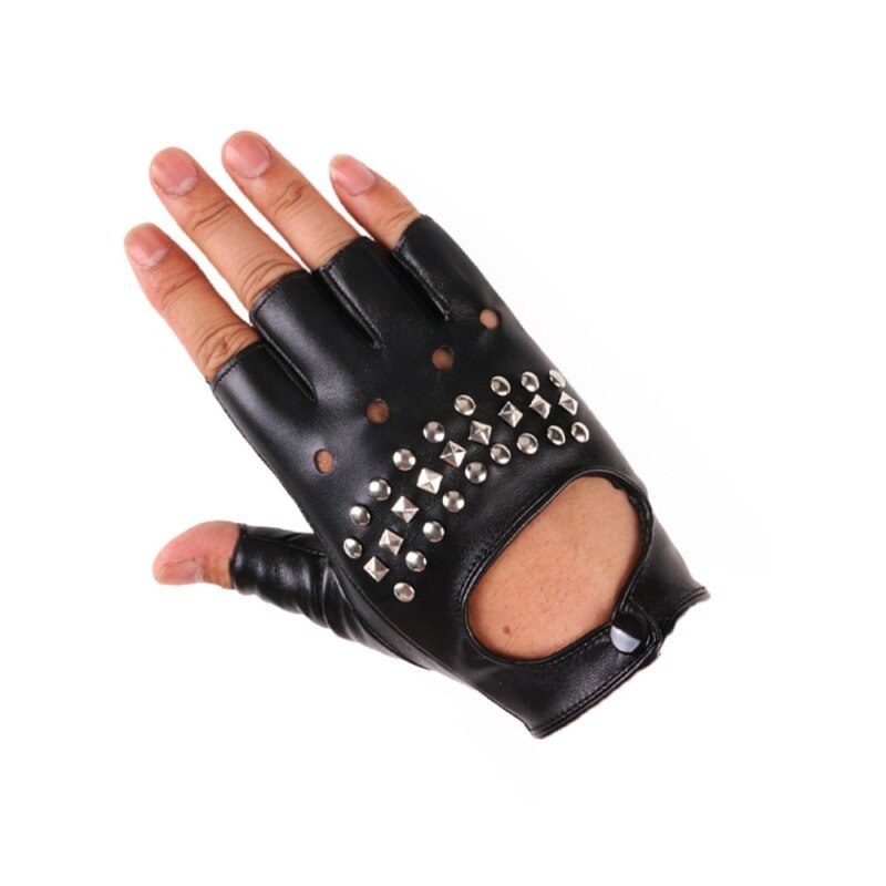 Stylish half-finger punk gloves for women, featuring rivets, breathable PU leather, perfect for festivals and parties.