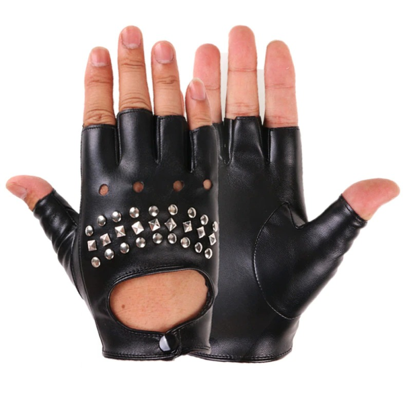 Black half-finger punk gloves with rivets for women, perfect for festivals and parties.