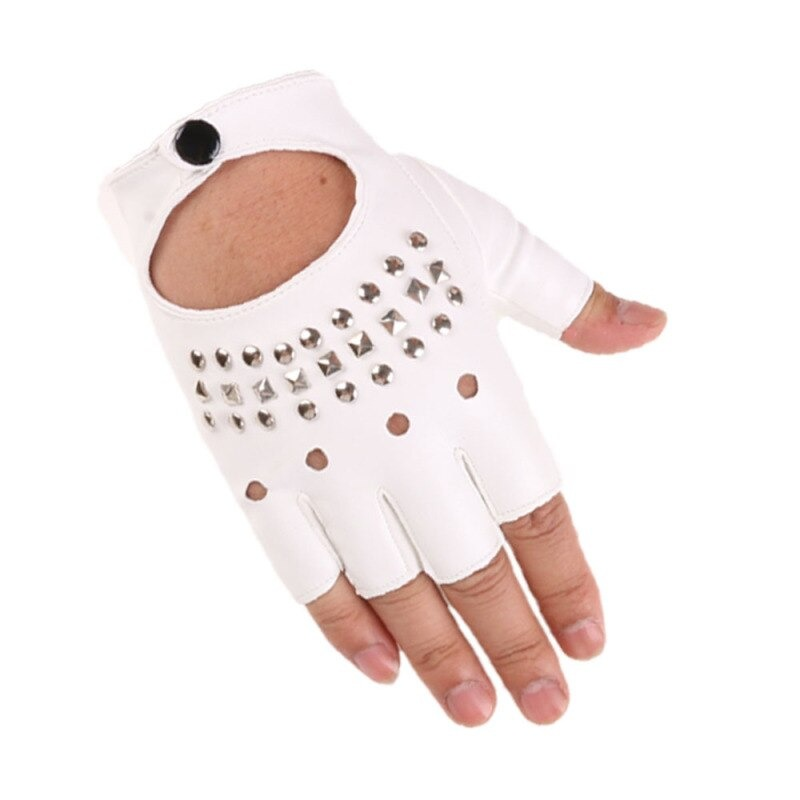 Half-finger white punk gloves with rivets, perfect for festivals and parties, adding a stylish edge to alternative fashion.