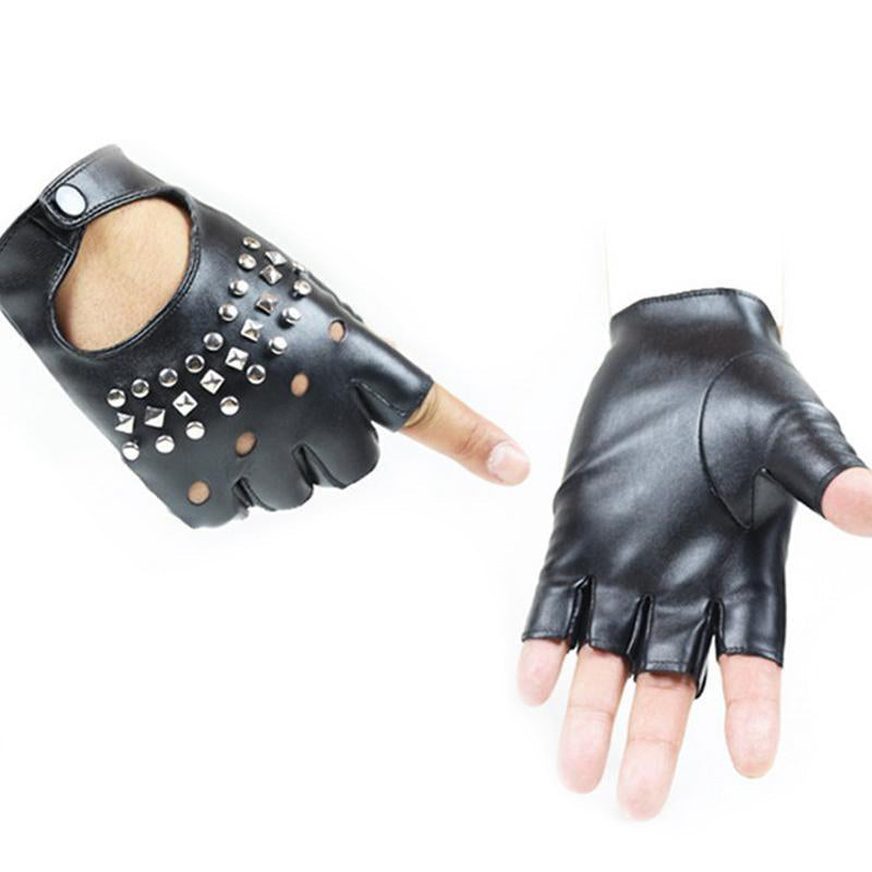 Half finger black PU leather punk gloves with rivets for women - perfect for parties and festivals.