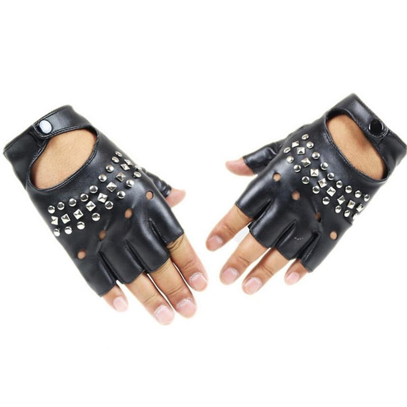 Half-finger punk women gloves in black PU leather with rivets, perfect for parties and festivals.