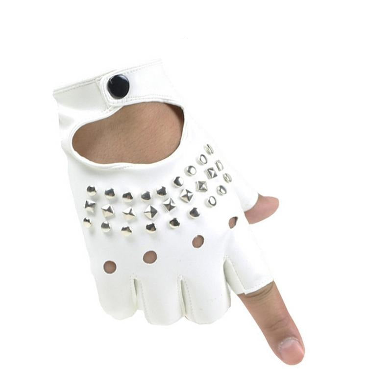 Punk half finger women gloves in white with studs, perfect for festivals or parties, showcasing fingerless design.