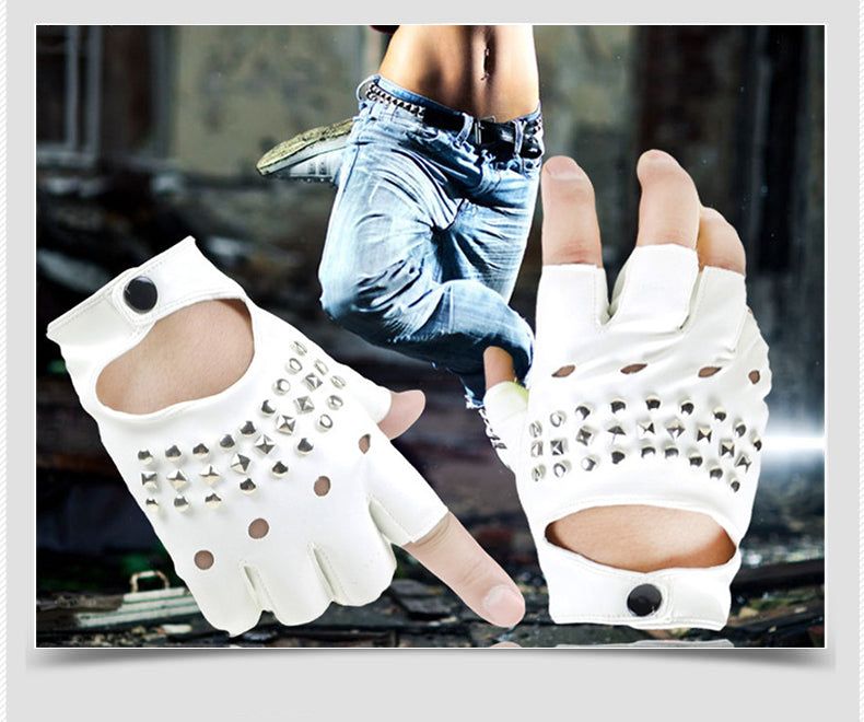 Stylish half-finger white punk gloves with rivets, perfect for parties and festivals.