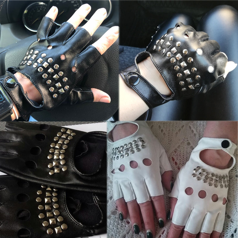 Punk half-finger gloves for women in black and white, featuring rivets and a stylish fingerless design.