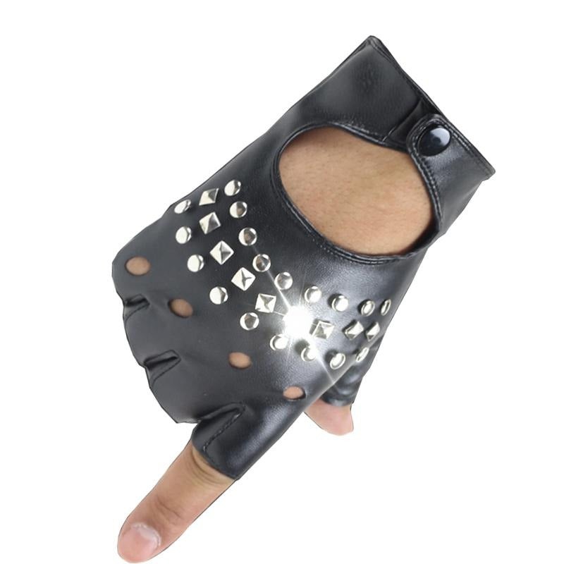 Black half-finger punk gloves adorned with rivets, perfect for festivals and parties.
