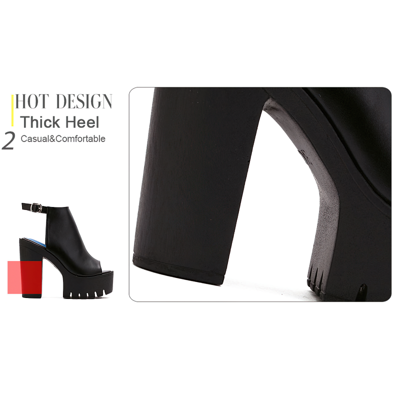 Close-up of stylish black thick heel sandals, featuring a casual design and comfortable fit, perfect for trendy outfits.