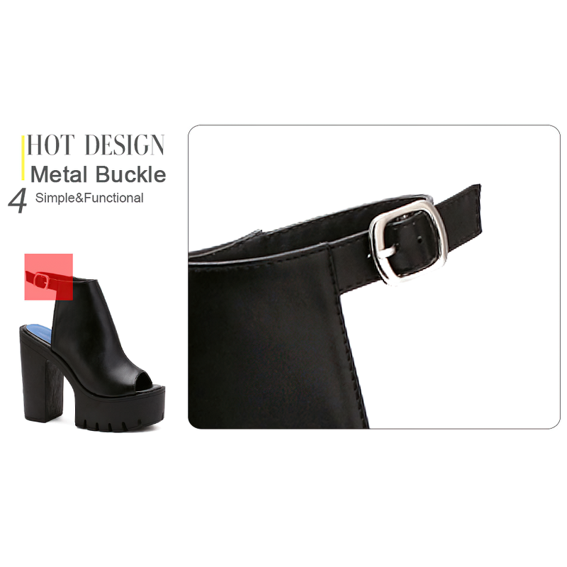 Close-up of stylish black high heel sandals featuring a metal buckle for a chic rock chick look.