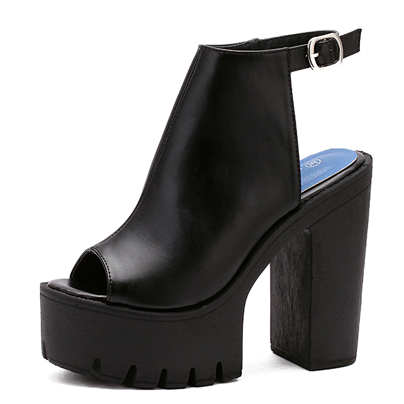 Stylish black high heel sandals with peep toe and buckle design for trendy women's footwear.