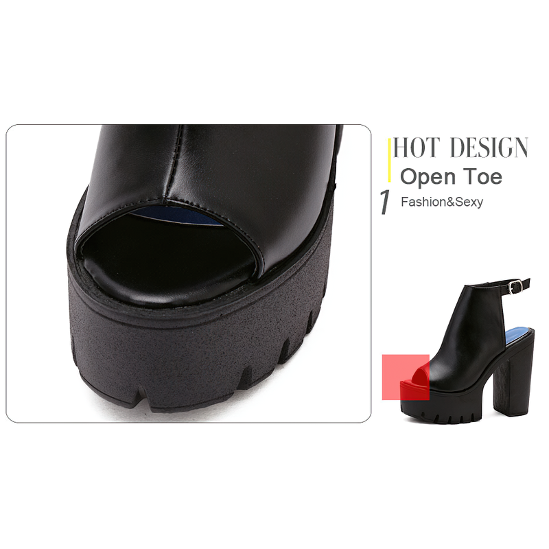 Stylish open toe black high heel sandals with chunky platform sole, perfect for a fashionable and trendy look.