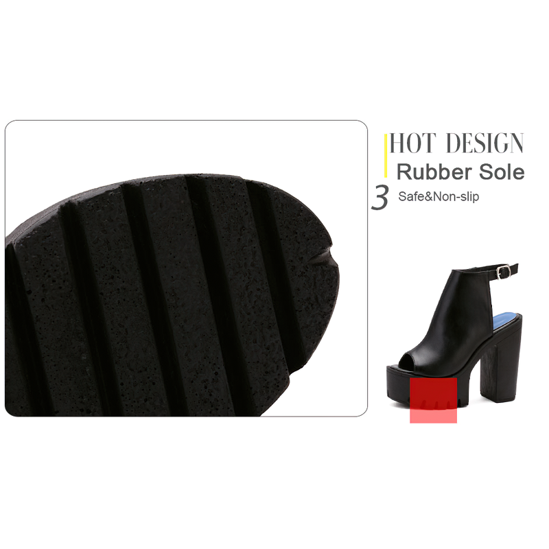 Close-up of black rubber sole of trendy high heel sandals featuring a non-slip design.