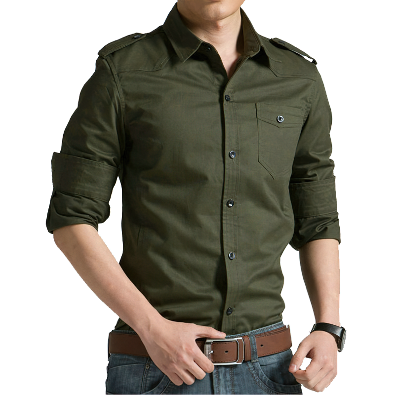 Men's alternative fashion military shirt in olive green, featuring long sleeves and single-breasted design, stylish and casual.