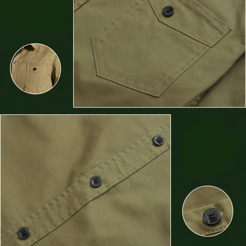 Close-up of alternative fashion military shirt for men, showcasing the pocket and buttons in olive green fabric.