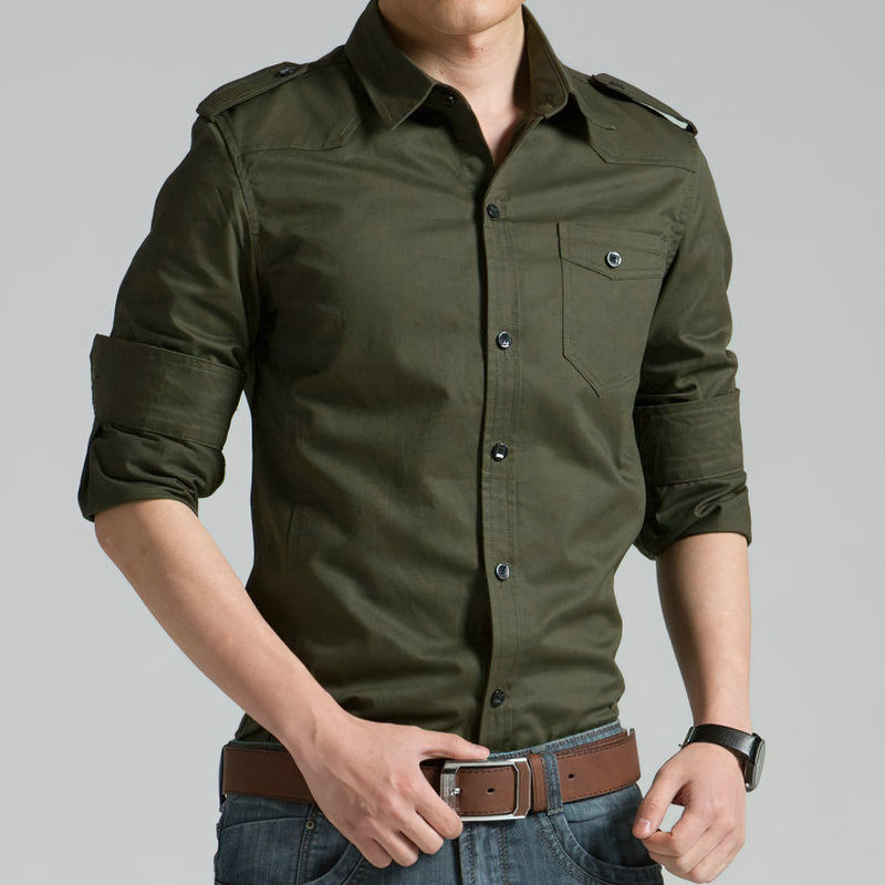Men's military shirt in olive green, featuring long sleeves and a single pocket, perfect for casual outdoor wear.