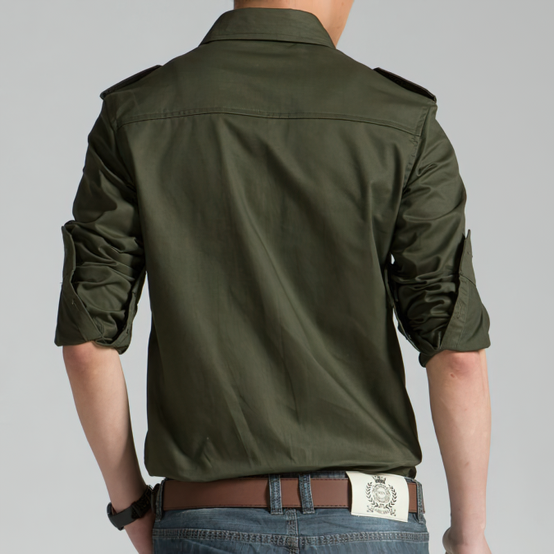 Back view of a men's military shirt in olive green, showcasing slim fit and stylish sleeve roll-up.