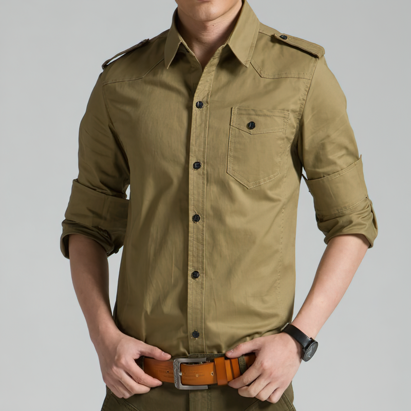 Men's military shirt in olive green, featuring full-length sleeves and a stylish pocket, perfect for casual outings.