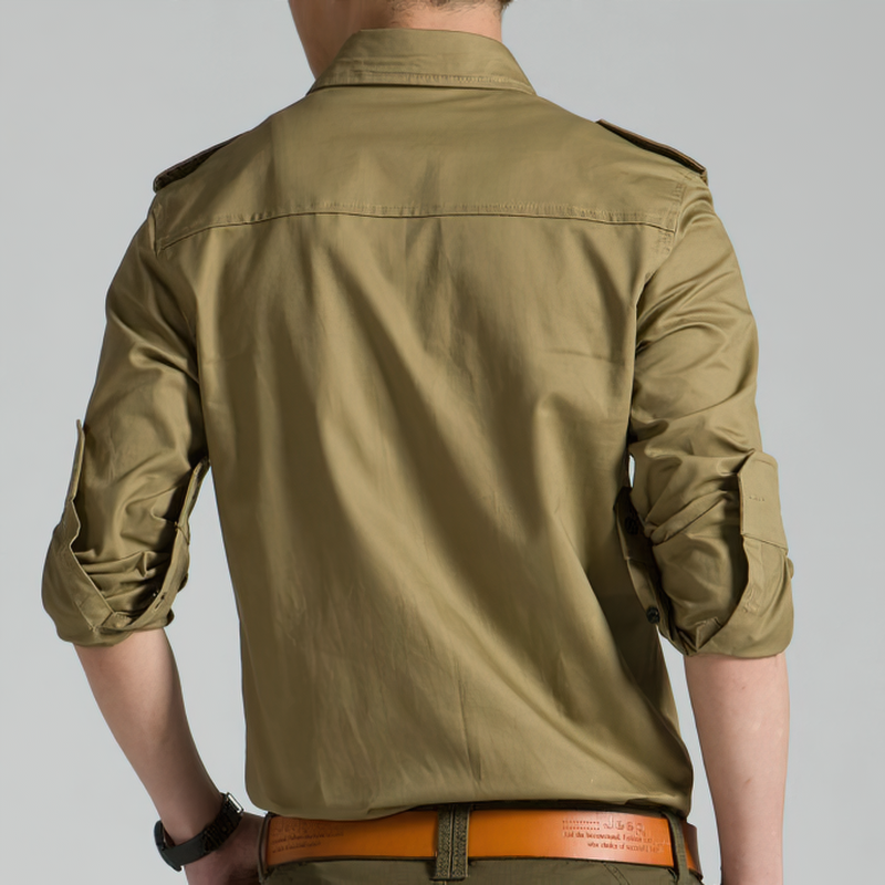 Back view of a men's military shirt in olive green, featuring rolled-up sleeves and a casual, stylish fit.