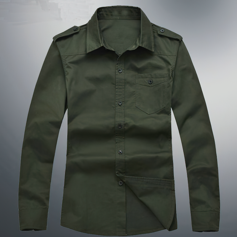 Men's long sleeve military shirt in olive green, featuring a single-breasted design and chest pocket for casual outdoor adventures.