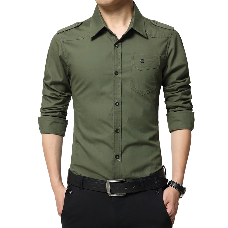 Men's alternative fashion military shirt in olive green, long sleeve, slim fit, perfect for casual outings.