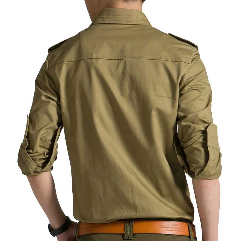 Back view of a men's military shirt in khaki, featuring rolled long sleeves and a stylish slim fit.