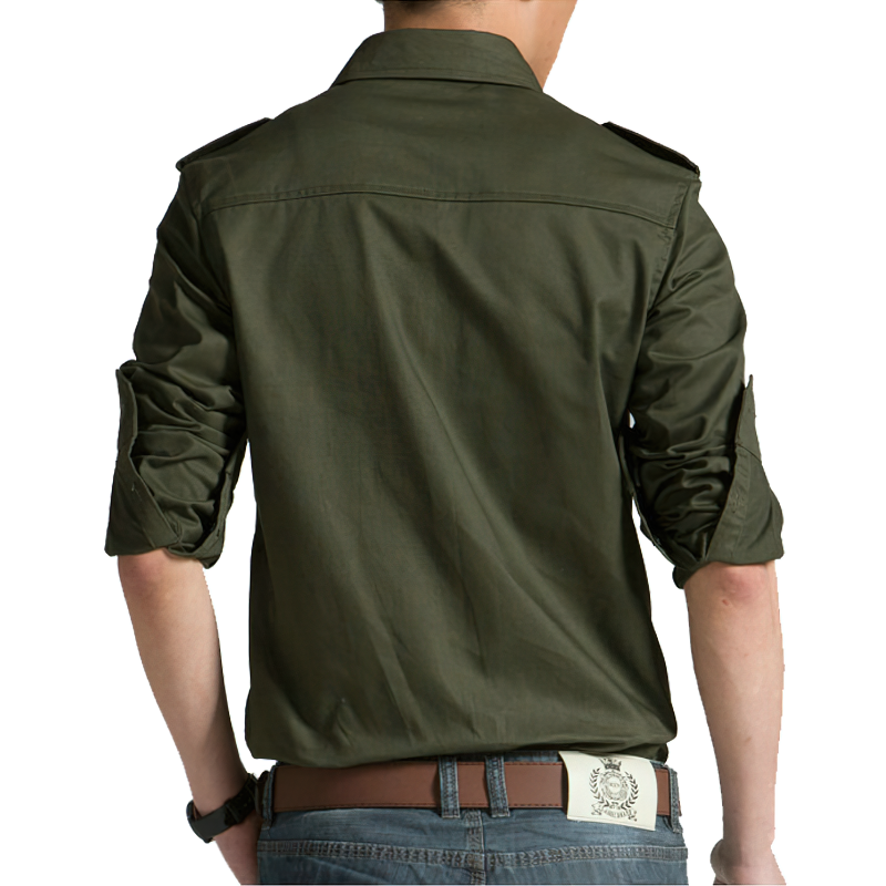 Back view of a men's long sleeve military shirt in olive green, showcasing a slim fit and rolled sleeves.