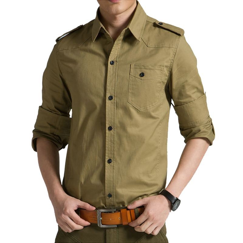 Men's military safari shirt, long sleeve, slim fit, stylish and breathable cotton outwear.