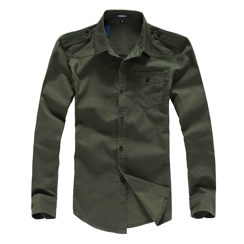 Olive green military shirt for men with long sleeves and single-breasted design, perfect for casual outings.