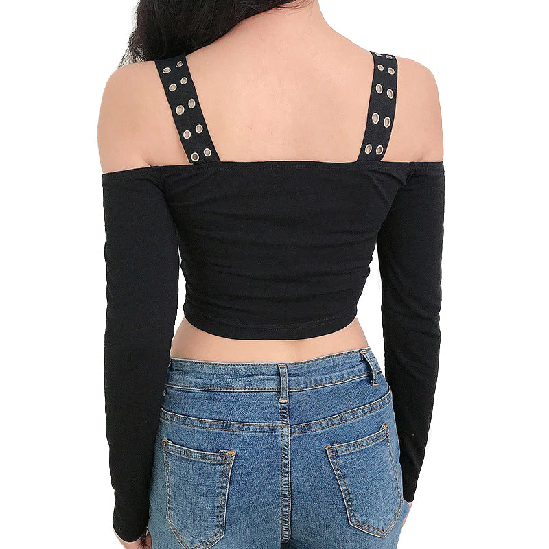Alternative Fashion Off Shoulder Crop Top for Ladies / Backless Black Women Tops with Straps - HARD'N'HEAVY