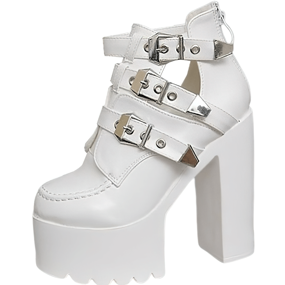 Women's white platform ankle boots with metal buckles and high heels, perfect for rocker outfits.