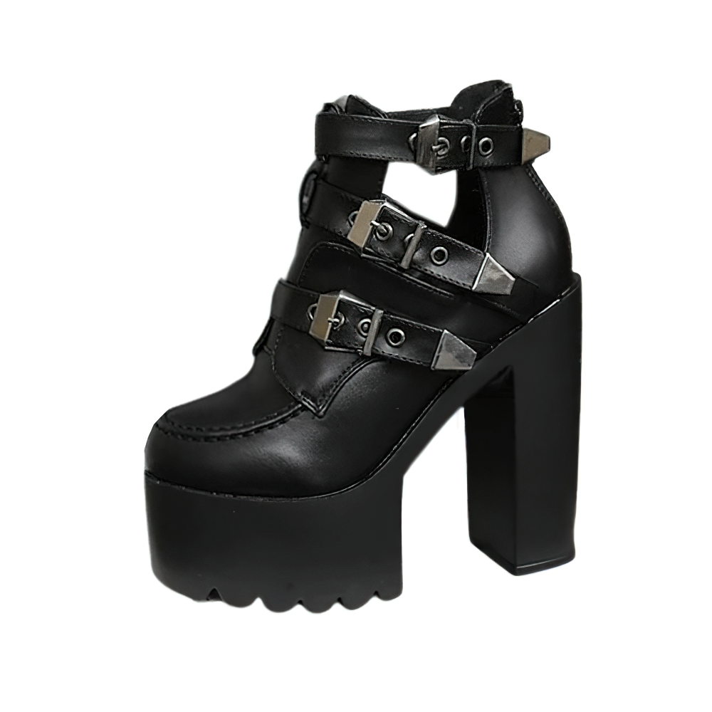 Alternative fashion black leather platform ankle boots with buckles and high block heels.
