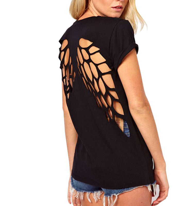 Alternative Fashion Rock Style T Shirt / Women Backless Clothes with Angel Wings and O-Neck - HARD'N'HEAVY