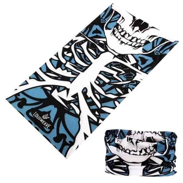 Alternative fashion skull tube seamless bandana in blue and white; trendy headwear for outdoor adventures.