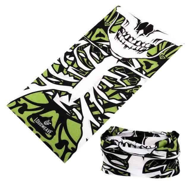 Alternative fashion skull tube seamless bandana in green and white with skull graphics, perfect for outdoor adventures.