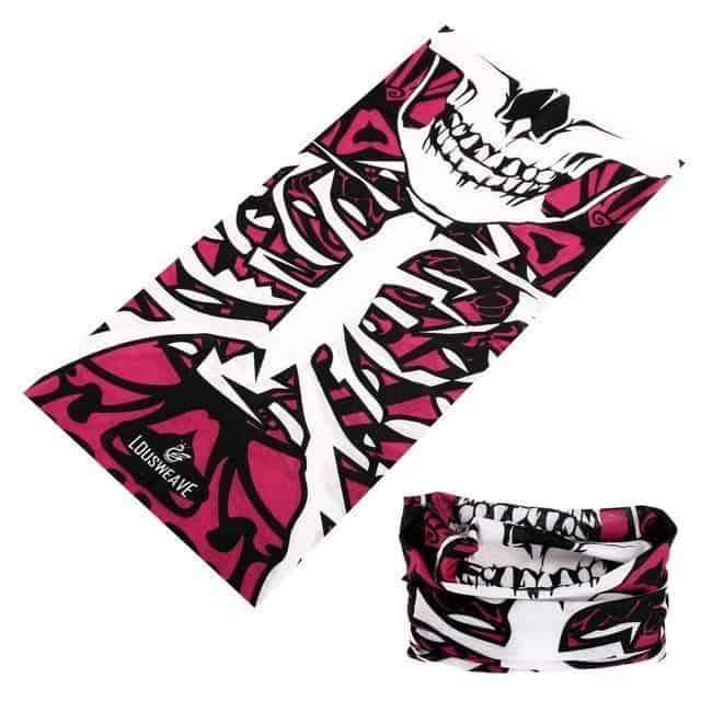 Alternative Fashion Skull Tube Bandana in pink and white, perfect for outdoor activities and trendy style.