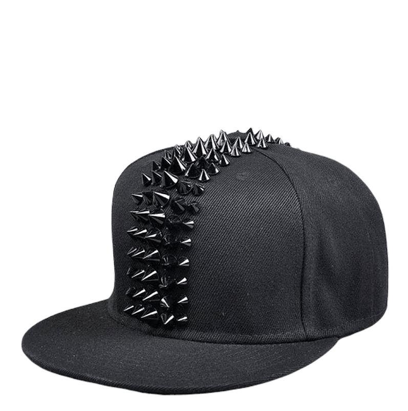 Black baseball cap with spike studs and rivets, perfect for punk rock fashion and festivals.
