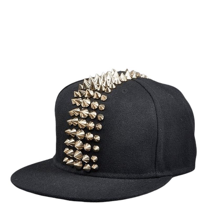 Spike studded black baseball cap with rivets for punk rock style, perfect for festivals or parties.
