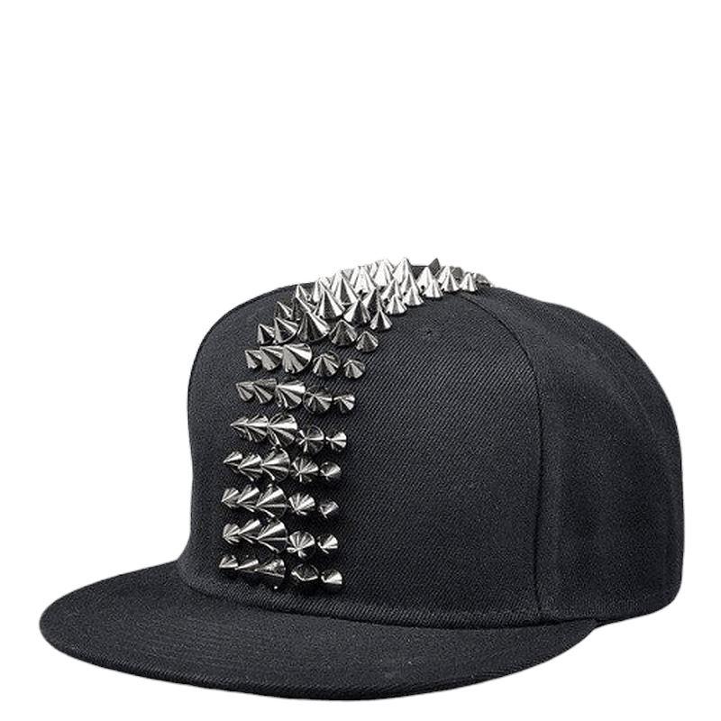 Black snapback cap adorned with silver spike studs, perfect for punk rock style and festivals.