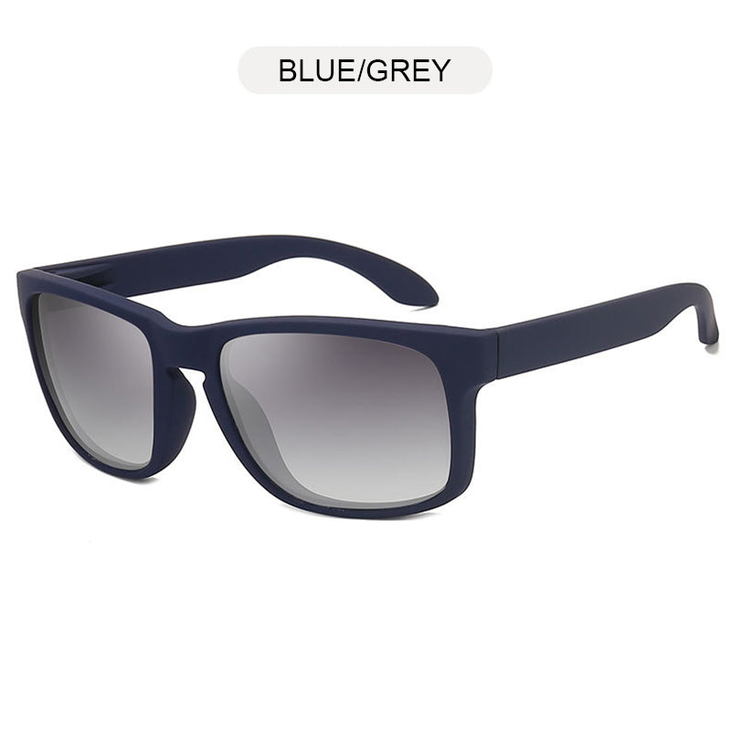 Blue and grey square polarized plastic sunglasses, stylish and comfortable for casual wear, perfect for various face shapes.