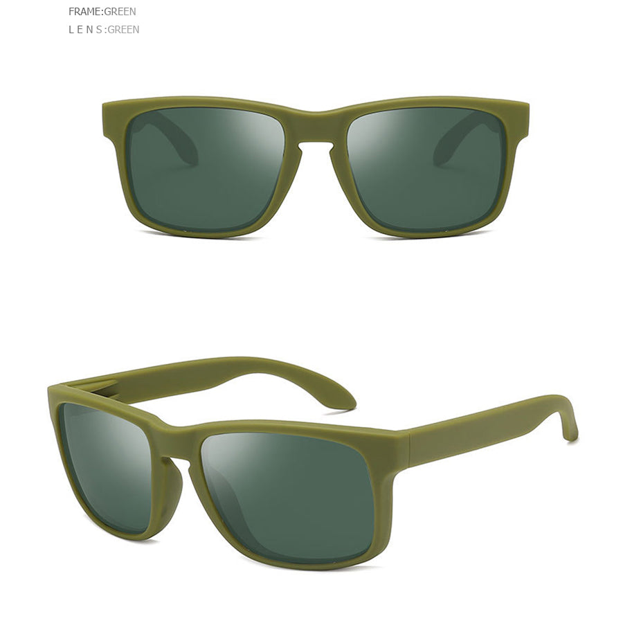 Stylish green square polarized sunglasses with matching green lenses, perfect for casual wear and sporty looks.