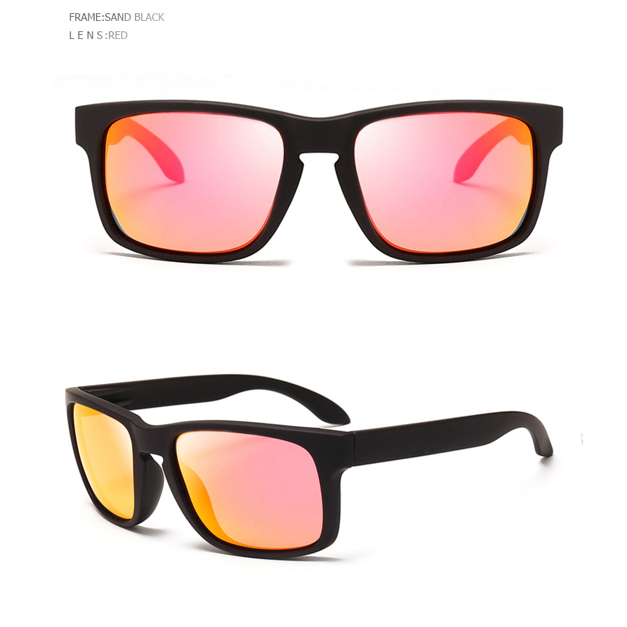 Stylish square polarized sunglasses with sand black frame and red lenses, ideal for alternative fashion lovers.