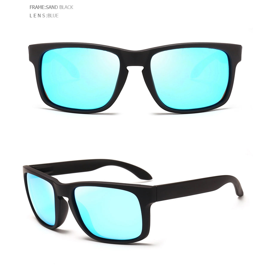 Alternative fashion square polarized sunglasses in sand black frame with blue lenses for stylish casual looks.