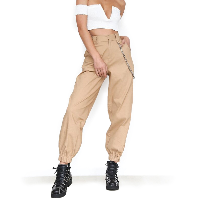 Alternative fashion women's high-waist cargo pants with chain, perfect for edgy or casual looks.