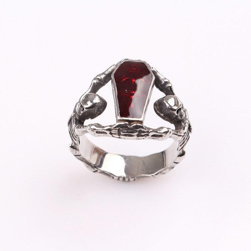 Alternative Gothic skeleton ring with red rhinestone, unisex rock jewelry for festivals and parties.