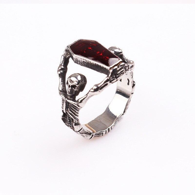 Unisex alternative gothic skeleton ring with red rhinestone, perfect for rock concerts and festivals.