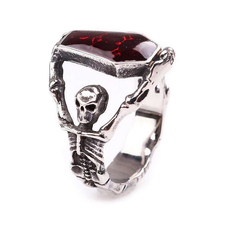 Alternative Gothic Skeleton Ring with red rhinestone, unisex rocker jewelry for festivals and parties.